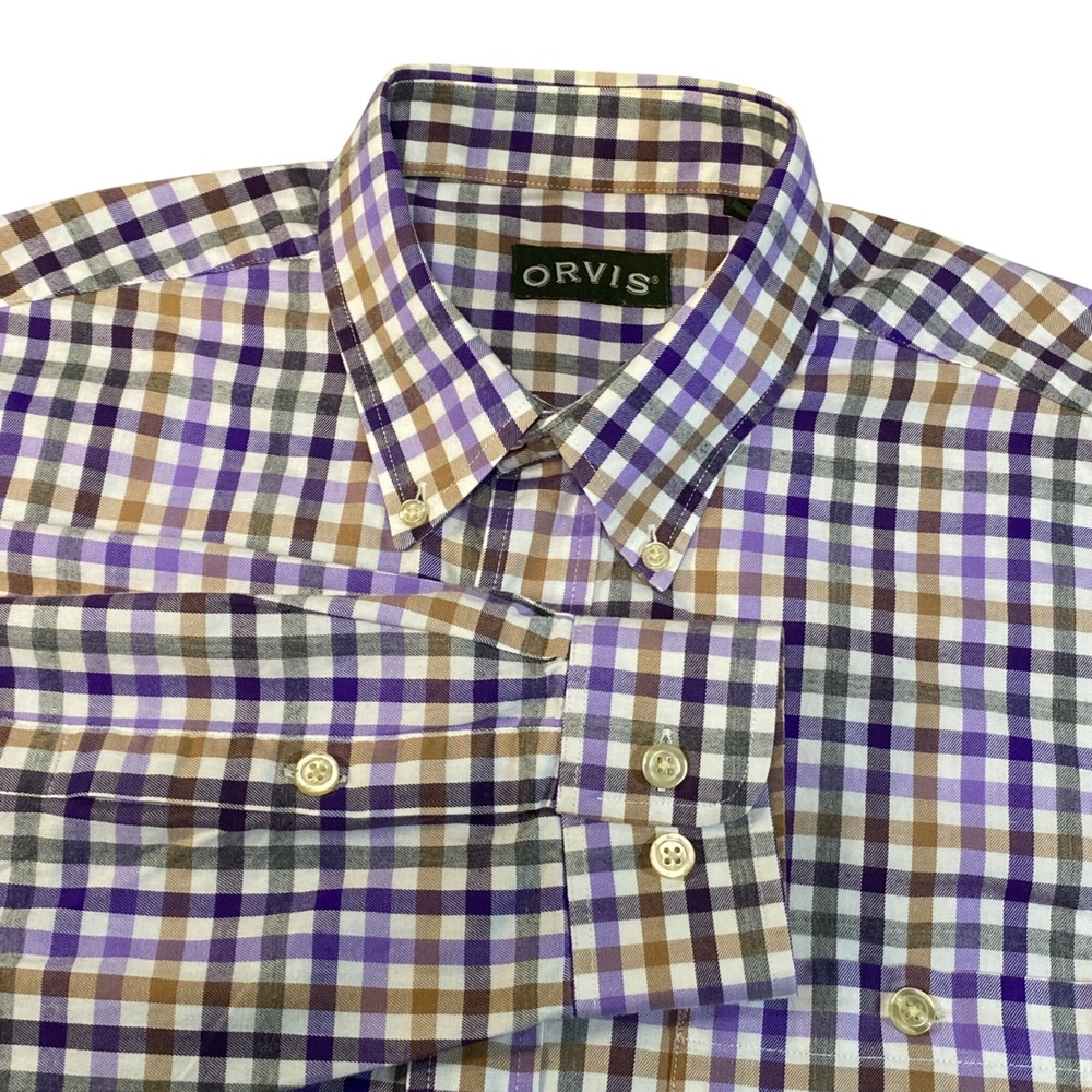 Orvis Country Twill Mens Large Purple Tan Gingham Plaid Button Down Shirt